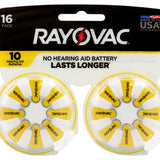 Rayovac 10-16 (16PK) Size 10 75mAh 1.45V Zinc Air Yellow Hearing Aid Batteries - 16 Piece Retail Card