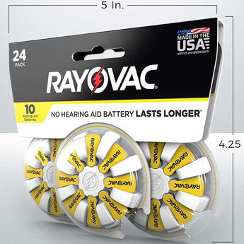 Rayovac 10-24 (24PK) Size 10 75mAh 1.45V Zinc Air Yellow Hearing Aid Batteries - 24 Piece Retail Card