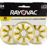 Rayovac 10-24 (24PK) Size 10 75mAh 1.45V Zinc Air Yellow Hearing Aid Batteries - 24 Piece Retail Card