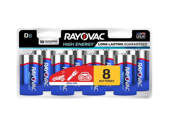 Rayovac High Energy 813-8LK D 1.5V Alkaline Battery - 8 Count Blister Pack