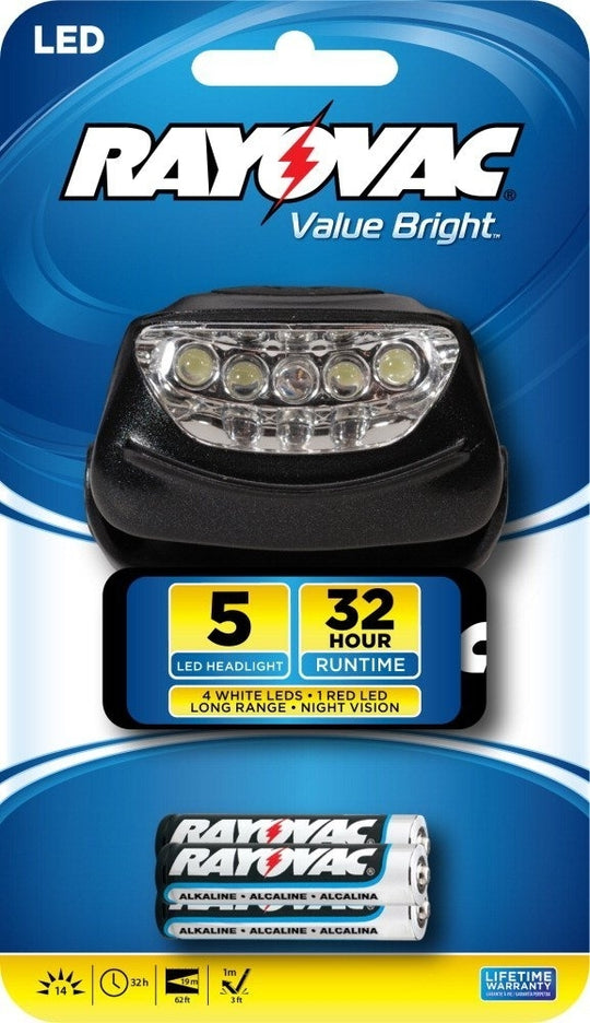 Rayovac Brite Essentials 5-LED Headlight - 14 Lumens -Includes 3 x AAAs (BEHL3AAA-BA)