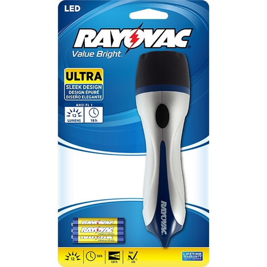 Rayovac Value Bright BRSLEDA-BA Comfort Grip LED Flashlight - 12 Lumens - Includes 3 x AAAs - Color May Vary