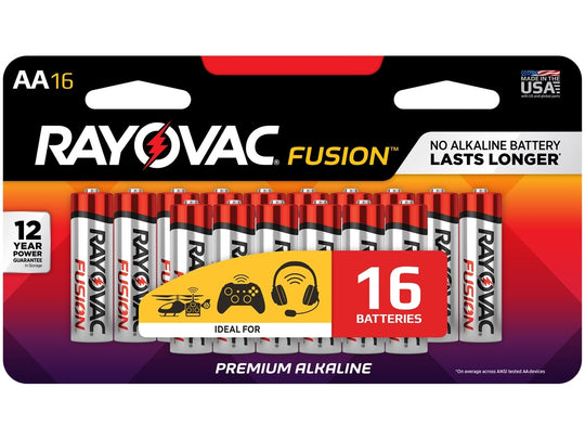 Pack of Rayovac Fusion AA batteries with 16 count on a white background