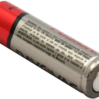 Rayovac Fusion AA batteries - side angle with warning label