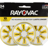 Rayovac 10-24 (24PK) Size 10 75mAh 1.45V Zinc Air Yellow Hearing Aid Batteries - 24 Piece Retail Card