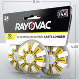 Rayovac 10-24 (24PK) Size 10 75mAh 1.45V Zinc Air Yellow Hearing Aid Batteries - 24 Piece Retail Card