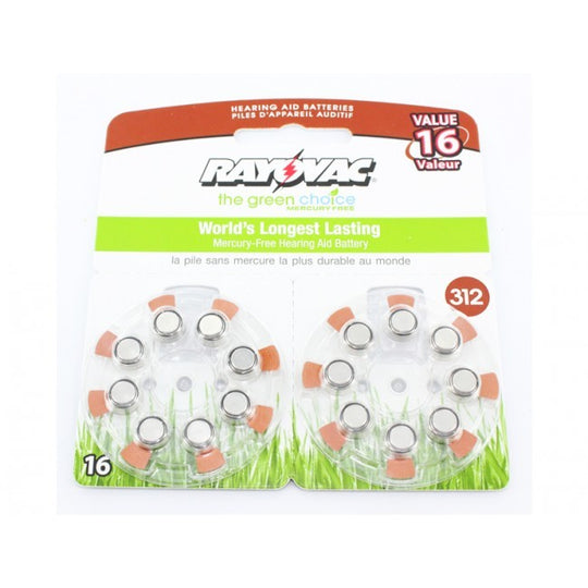 Rayovac L312ZA-16ZM Size 312 180mAh 1.45V Zinc Air Hearing Aid Batteries - 16 Piece Retail Card