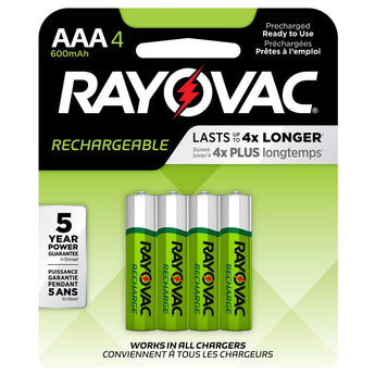 Rayovac Rechargeable LD724-4OP-GENE AAA 600mAh 1.2V Nickely Metal Hydride (NiMH) Button Top Batteries - 4 Piece Retail Card