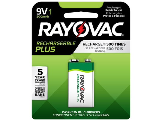 Rayovac Rechargeable Plus PL1604-1 200mAh 9V Nickel Metal Hydride (NiMH) Battery with Snap Connectors - 1 Piece Retail Card