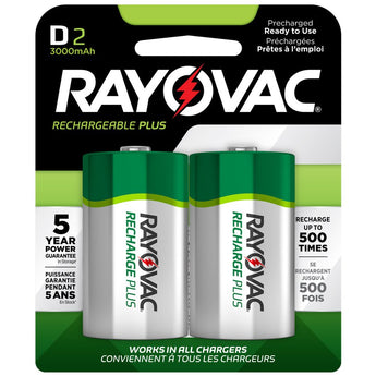 Rayovac Rechargeable Plus PL713-2 D-cell 3000mAh 1.2V Nickel Metal Hydride (NiMH) Button Top Batteries - 2 Piece Retail Card