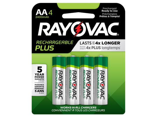 Rayovac Rechargeable Plus PL715-4 AA 2400mAh 1.2V Nickel Metal Hydride (NiMH) Button Top Batteries- 4 Piece Retail Card