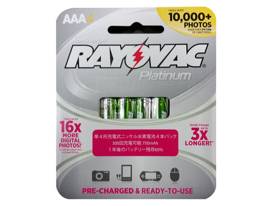 Rayovac Platinum PL724-4A AAA 750mAh 1.2V Nickel Metal Hydride (NiMH) Button Top Batteries - 4 Piece Retail Card