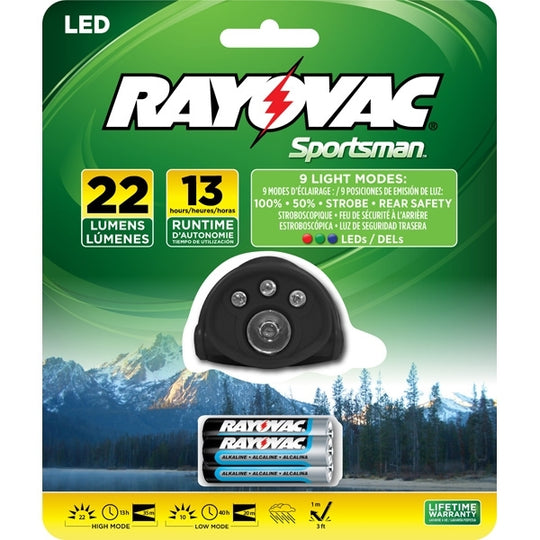 Rayovac Sportsman 9-in-1 Headlight - White, Red, Green and Blue LEDs - 22 Lumens - Includes 3 x AAAs (SPHLTA-BA)