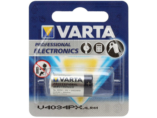 Varta Electronics V 28A V4034PX 6V Alkaline Button Top Battery - Equivalent to 4LR44, PX28A - 1 Piece Retail Card