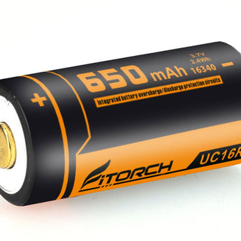 Fitorch RC650 16340 650mAh 3.7V Protected Lithium Ion (Li-ion) Button Top Battery with Built-In Micro USB Charge Port