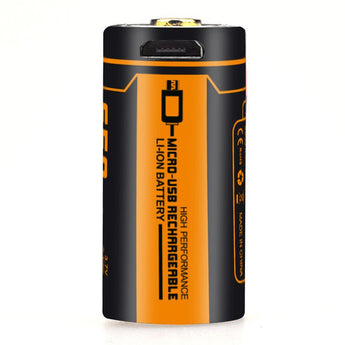Fitorch RC650 16340 650mAh 3.7V Protected Lithium Ion (Li-ion) Button Top Battery with Built-In Micro USB Charge Port