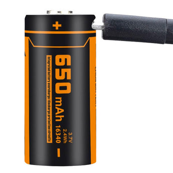 Fitorch RC650 16340 650mAh 3.7V Protected Lithium Ion (Li-ion) Button Top Battery with Built-In Micro USB Charge Port