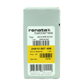 Renata ZA10 (6PK) Size 10 95mAh 1.45V Zinc Air Yellow Hearing Aid Batteries - 6 Pack Retail Card