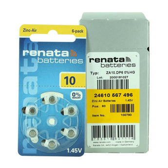 Renata ZA10 (6PK) Size 10 95mAh 1.45V Zinc Air Yellow Hearing Aid Batteries - 6 Pack Retail Card