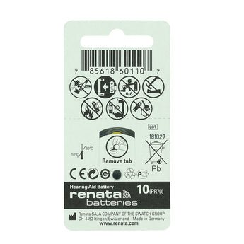 Renata ZA10 (6PK) Size 10 95mAh 1.45V Zinc Air Yellow Hearing Aid Batteries - 6 Pack Retail Card