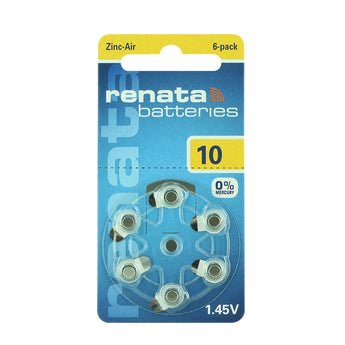 Renata ZA10 (6PK) Size 10 95mAh 1.45V Zinc Air Yellow Hearing Aid Batteries - 6 Pack Retail Card