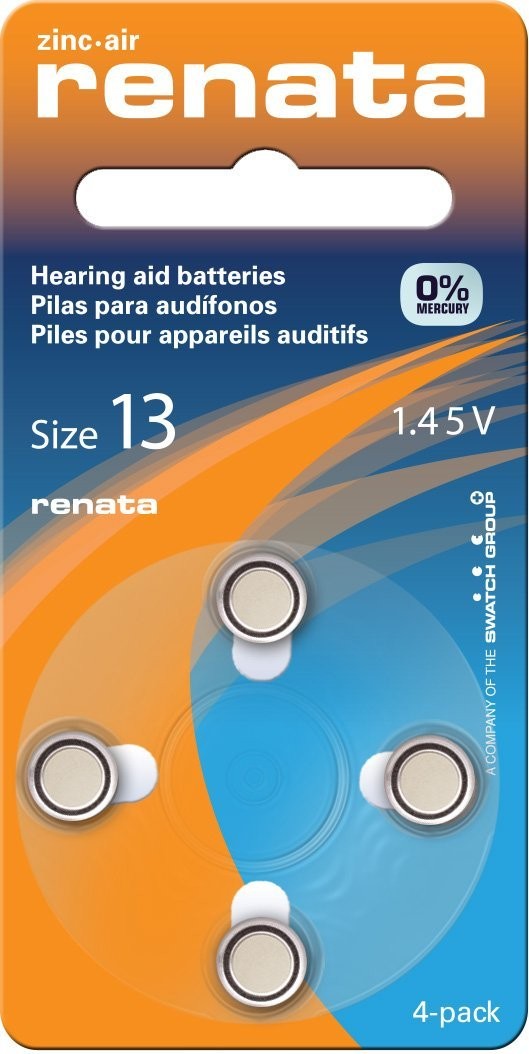 Renata - Size 13 - 310mAh 1.45V Zinc Air Hearing Aid Batteries (ZA13-4PK) - 4 Pack Retail Card