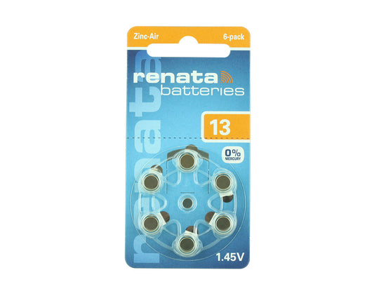 Renata ZA13 (6PK) Size 13 175mAh 1.45V Zinc Air Orange Hearing Aid Batteries - 6 Pack Retail Card