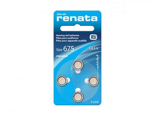 Renata - Size 675 - 650mAh 1.45V Zinc Air Hearing Aid Batteries (ZA675-4PK) - 4 Pack Retail Card (Mercury Free)