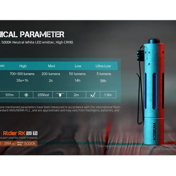 Acebeam Rider RX Ti 2.0 EDC LED Flashlight - 700 Lumens - NICHIA 519A V1 - Includes 1 x USB-C Rechargeable 14500 - Titanium - Silver or Special Edition Design