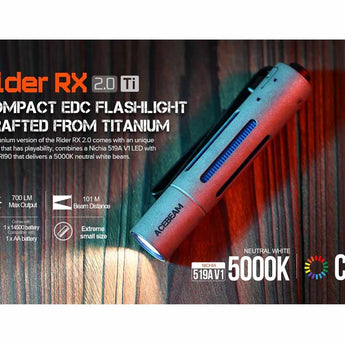 Acebeam Rider RX Ti 2.0 EDC LED Flashlight - 700 Lumens - NICHIA 519A V1 - Includes 1 x USB-C Rechargeable 14500 - Titanium - Silver or Special Edition Design