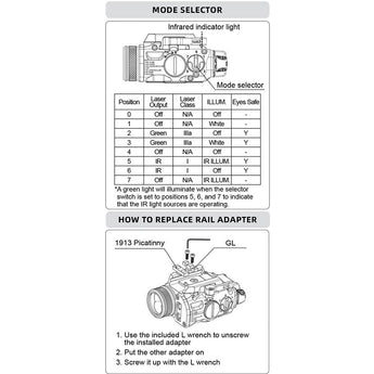 RovyVon GL4 Pro 4 in 1 Rail Mounted LED Flashlight - 400 Lumens - Green Laser - IR Laser - IR Illuminator - Includes 1 x CR123A