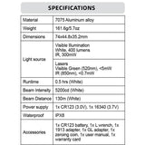 RovyVon GL4 Pro 4 in 1 Rail Mounted LED Flashlight - 400 Lumens - Green Laser - IR Laser - IR Illuminator - Includes 1 x CR123A