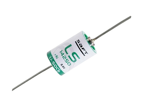 Saft LS-14250-AX 1/2 AA 1100mAh 3.6V Lithium Thionyl Chloride (LiSOCl2) Bobbin Wound Button Top Primary Battery with Axial Leads - Bulk