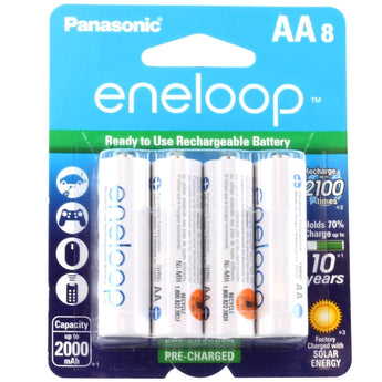 Panasonic Eneloop BK-3MCCA-8BA AA 2000mAh 1.2V Low Self Discharge Nickel Metal Hydride (NiMH) Button Top Batteries - 8 Pack Retail Card