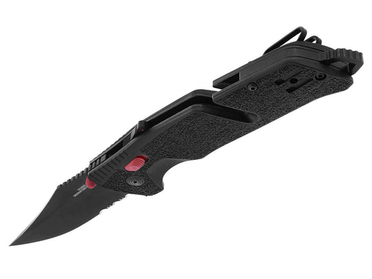 SOG Trident AT-XR Mk3 Partially Serrated Folding Knife - 3.7 Inch Blade, Clip Point, Partially Serrated Edge - Presentation Box - Black and Red