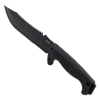 SOG Jungle Primitive Fixed Blade Knife - 9.5-inch Partially Serrated, Clip Point - Hardcased Black Finish - Black Handle - Nylon Sheath - Clam Pack (F03TN-CP)