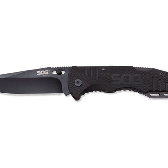 SOG Salute Folding Knife - 3.625-inch Straight Edge, Clip Point - Hardcased Black - Black Handle - Clam Pack (FF11-CP)