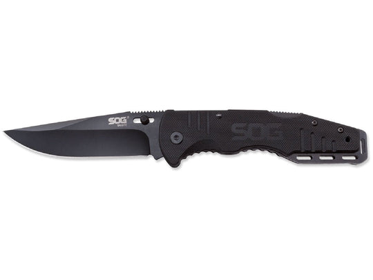 SOG Salute Folding Knife - 3.625-inch Straight Edge, Clip Point - Hardcased Black - Black Handle - Clam Pack (FF11-CP)