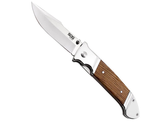 SOG Fielder XL Folding Knife - 4.13-inch Straight Edge, Clip Point - Mirror Polished - Wood Handle - Clam Pack (FF34-CP)