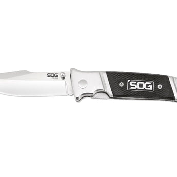 SOG Fielder Folding Knife - 3.3-inch Straight Edge, Clip Point - Satin Polished - Black G10 Handle - Clam Pack (FF38-CP)