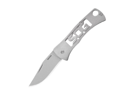 SOG Micron Folding Knife - 1.5-inch Straight Edge, Clip Point - Bead Blasted - Silver Handle - Clam Pack (FF92-CP)