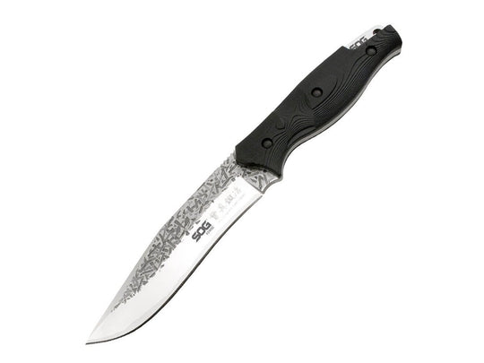 SOG Forge Fixed Blade Knife - 6-inch Straight Edge, Clip Point - Satin Finish - Black Handle - Leather Sheath - Boxed (FG01-L)