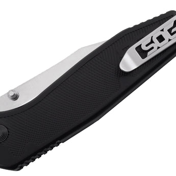 SOG Flare Assisted Folding Knife - 3.5 Inch Straight Edge - Clip Point - Satin Finish - Black - Blister Pack (FLA1001-CP)