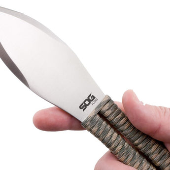 SOG Fling Fixed Blade Throwing Knife Set - 2.8-inch Straight Edge, Spear Point - Satin Finish - Green and Tan Paracord Handle - Nylon Sheath - 3-Piece Clam Pack (FX41N-CP)