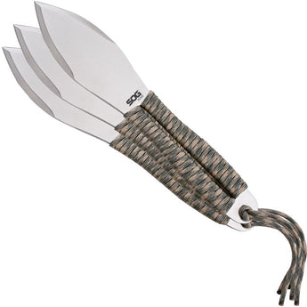 SOG Fling Fixed Blade Throwing Knife Set - 2.8-inch Straight Edge, Spear Point - Satin Finish - Green and Tan Paracord Handle - Nylon Sheath - 3-Piece Clam Pack (FX41N-CP)
