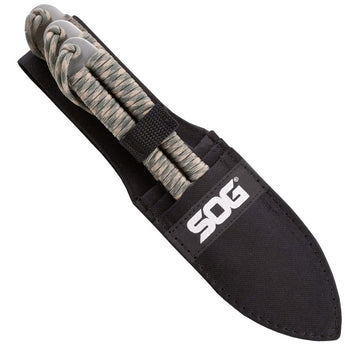 SOG Fling Fixed Blade Throwing Knife Set - 2.8-inch Straight Edge, Spear Point - Satin Finish - Green and Tan Paracord Handle - Nylon Sheath - 3-Piece Clam Pack (FX41N-CP)