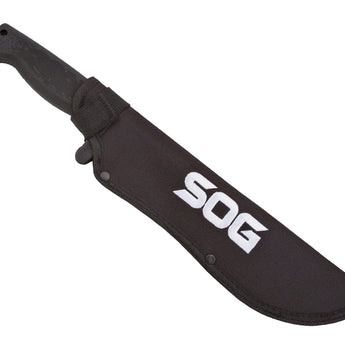 SOG SOGFari 10-inch Machete - Saw / Straight Edge, Tanto - Hardcased Black Finish - Black Handle - Nylon Sheath - Clam Pack (MC04-N)
