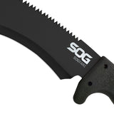 SOG SOGFari 12-inch Kukri Machete - Saw / Straight Edge, Drop Point - Hardcased Black Finish - Black Handle - Nylon Sheath - Clam Pack (MC11-N)