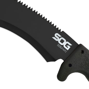 SOG SOGFari 12-inch Kukri Machete - Saw / Straight Edge, Drop Point - Hardcased Black Finish - Black Handle - Nylon Sheath - Clam Pack (MC11-N)