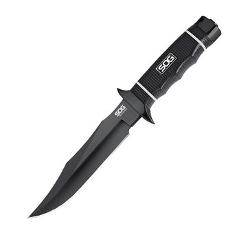 SOG Tech Bowie Fixed Black Knife - 6.4-inch Straight Edge, Clip Point - Black TiNi - Black Handle - Boxed (S10B-K)